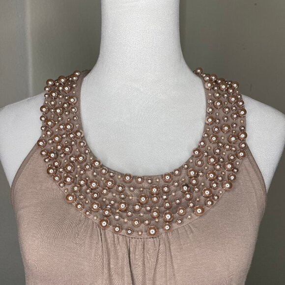 XXI Brown Accent Beaded Neckline Racerback Top Blouse Shirt Size Medium Date - Picture 2 of 8